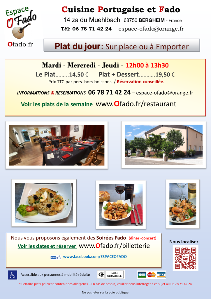 Restaurant OFado - Cuisine Portugaise et Fado - Plat du jour le midi.  Sur place ou à Emporter